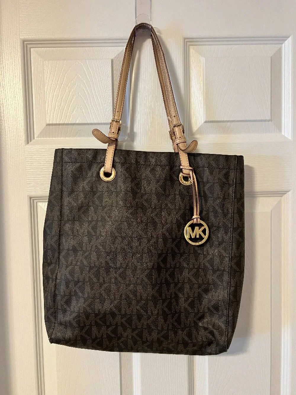 Michael Kors Jet Set Travel Signature Large Tote Brown MK Monogram Beige Leather